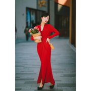 褶皱收腰显瘦优雅女神气质款红裙鱼尾，裙礼服裙连衣裙