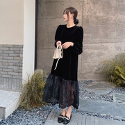 zoejean2023法式丝绒连衣裙女欧货，时尚黑色长袖，拼接打底裙长裙子