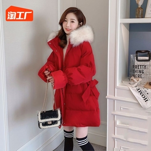 红色收腰中长款羽绒棉服女2023冬季韩版洋气设计感棉衣外套潮