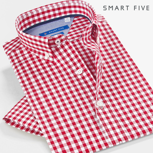 第五季夏季修身红色格子衬衫男短袖，时尚格纹衬衣纯棉美式休闲免烫