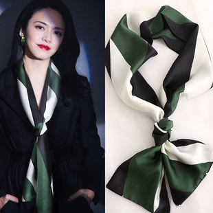 小长条丝巾女2024绿色，流行发带搭配衬衫西装脖子领带围巾
