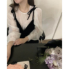 秒发！小性感韩国设计款白色圆领雪纺长袖小衫+系带吊带两件套女