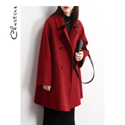 红色斗篷型双面呢外套，中长款双排扣羊毛，双面羊毛大衣女