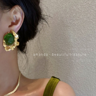 小众中古~夸张绿琉璃，复古气质大耳环欧美高贵法式奢华高级感耳饰