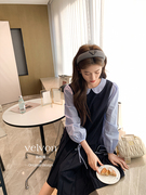 陈格格(陈格格)韩综学姐~学院风衬衫领假两件撞色甜美娃娃领连衣裙