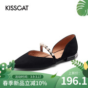 kisscat接吻猫春秋季甜美一字带珍珠尖头玛丽珍单鞋女ka32220-10