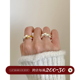 accins 韩国金银撞色戒指打结扭花无性别简洁圆厚指环双层扭纹