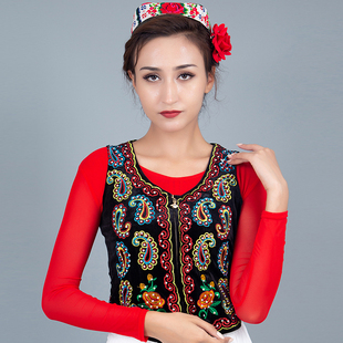 新疆舞蹈服装女马甲广场，舞短款绣花马夹维吾尔族，表演外穿背心