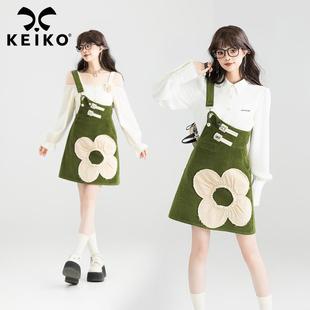 KEIKO复古抽皱贴布扎花单肩背带裙25春季苔藓绿显瘦A字包臀连衣裙