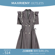 奥莱maxrieny西装连衣裙，高腰泡泡袖，a字裙荷叶边短裙