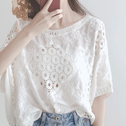 白色雪纺衫女短袖2024夏季洋气韩版宽松时尚镂空蕾丝，上衣女潮