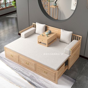 实木推拉罗汉床禅意仿古新中式白蜡，木伸缩沙发床小户型多功能储物