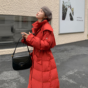 中长款立领收腰羽绒棉服，女冬季2023韩版气质宽松保暖红色大衣