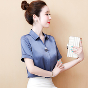 雪纺缎面白衬衫女短袖2023夏季韩版气质宽松上衣职业衬衣工装