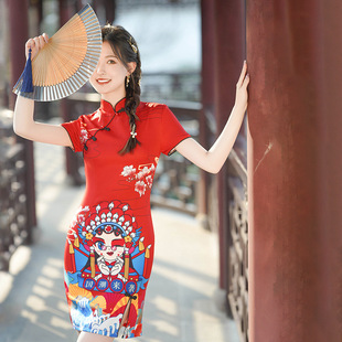国潮旗袍改良印花年轻款少女短款夏季小个子时尚红色中国风短裙子