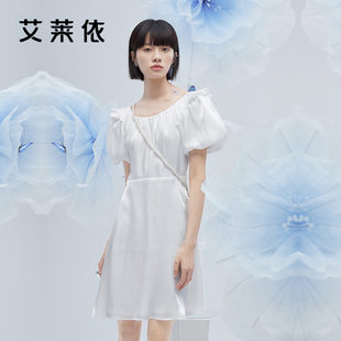 艾莱依法式泡泡袖连衣裙女装2022夏装高级感收腰甜美白色裙子