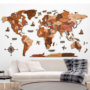北欧3d立体实木质，世界地图墙面装饰创意客厅沙发背景墙贴办公室