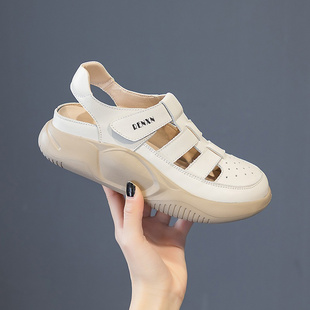 正版潮软底包头凉鞋，女2024年夏季厚底，真皮镂空休闲运动罗马鞋