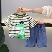 宝宝卡通恐龙条纹短袖套装，2024夏季婴儿童装男童帅气夏装潮