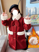 韩版童装女童毛呢中长款外套冬季中大童儿童加绒酒红呢子大衣