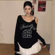 DoubleD美式蕾丝吊带露肩设计感长袖T恤女春夏新款斜肩防晒上衣潮