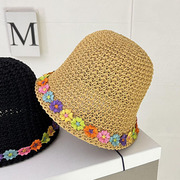 韩系帽子女春夏彩色，小花编织草帽可折叠防晒遮阳帽，甜美可爱渔夫帽