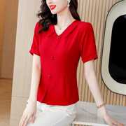 韩国短袖雪纺衫女士夏季2024收腰遮肚上衣红色气质洋气小衫