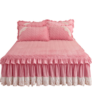 冬季水晶绒夹棉床裙式床罩单件，牛奶珊瑚绒保暖加厚加绒绣花边床套