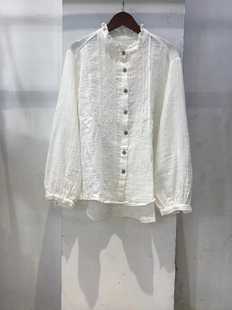 18376木耳花边领刺绣双层棉纱长袖，白衬衫灯笼袖单排扣t恤防晒开衫
