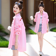 粉色衬衫女2024夏季薄款外套，韩版宽松休闲中长款长袖防晒服上衣潮