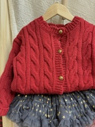Tina缇捺儿童冬季加绒毛衣韩系麻花红色加厚针织开衫新年款上衣