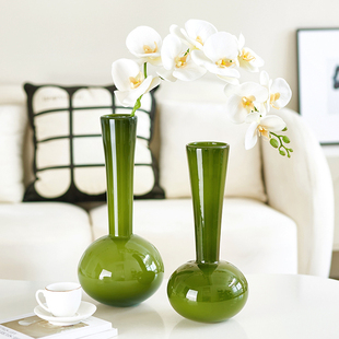 高端琉璃花瓶古典橄榄绿水养吊钟马醉木蝴蝶兰插花摆件客厅高级感