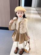 女童小香风百褶裙套装秋冬儿童，仿皮草马甲三件套韩版时髦套裙