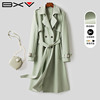 BXV绿色风衣女中长款2024春季系带英伦风简约休闲小个子外套
