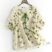 绿色立体刺绣小花减龄蝴蝶结系带，荷叶领短袖娃娃，衫女衬衫上衣a754