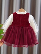 女童冬季红色连衣裙子洋气，秋冬款周岁礼服，新年拜年服女宝过年衣服