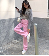 Haners家韩国女设计师款2024春季宽松显瘦粉色直筒牛仔裤