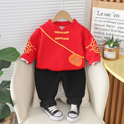 男童唐装春季套装儿童汉服中国风红色1一3岁宝宝古装春秋男孩衣服