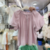 韩系泡泡袖棉麻系带短袖衬衫女夏季法式甜美休闲衬衣娃娃衫上衣