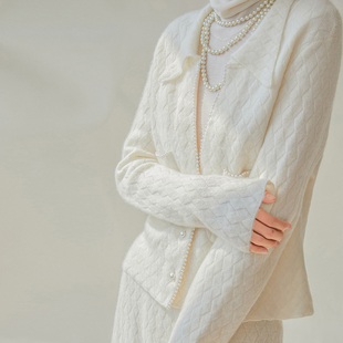 cicidream气质奶白色纯山羊绒手缝珍珠针织开衫复古针织毛衣外套