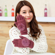 可爱女士韩版分指羊毛手套 保暖兔毛球针织手套 双层可触屏手套冬