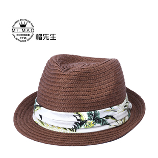 夏季短檐男帽复古咖啡色帽子爵士礼帽透气沙滩凉帽遮阳帽草帽