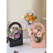 手提卡片式花盒简约镂空花盒鲜花束，包折叠(包折叠)英文插花袋花艺diy材料