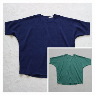 外贸日本品牌夏女士(夏女士)草绿深蓝色套头薄款蝙蝠五分袖宽松中长款衬衫
