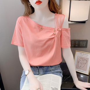 韩版夏季露肩短袖T恤女设计小众显瘦斜领宽松半袖体恤打底衫