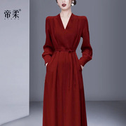 帝柔春秋轻奢高级感礼服，连衣裙法式复古气质，中长裙红色长袖女