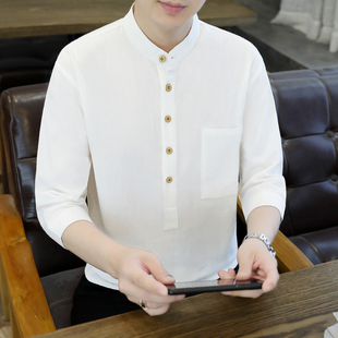 七分袖衬衫男夏季韩版潮流青年男装亚麻短袖，衬衣中袖棉麻男士寸衫