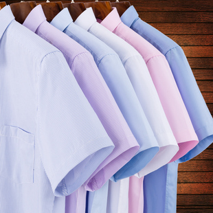 夏季纯棉男士短袖衬衣商务纯色宽松休闲大码防皱寸衬衫工作装上衣