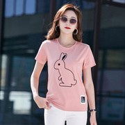 夏季女莫代尔短袖t恤圆领，半袖衫绣花兔子，卡通体恤韩版mm休闲汗衫