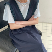 薇语大码女装韩版纯色蕾丝边v领背带连衣裙短袖，t恤胖mm显瘦两件套